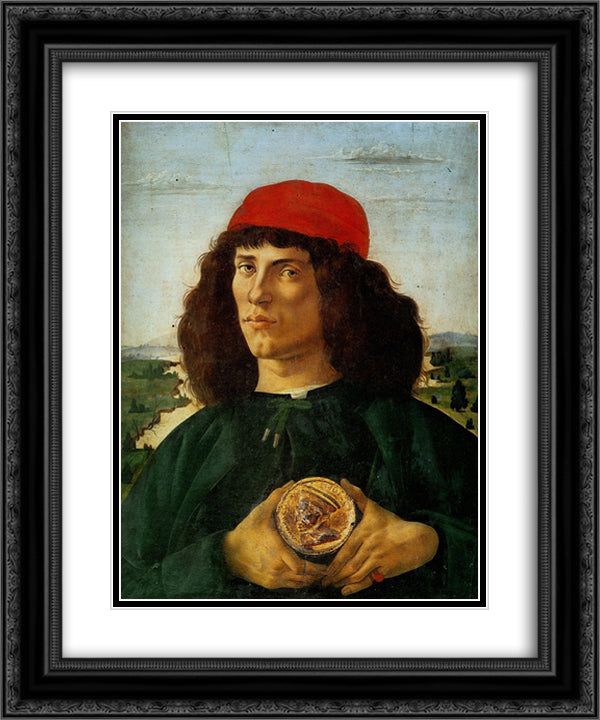 Portrait of a Man with the Medal of Cosimo 20x24 Black Ornate Wood Framed Art Print Poster with Double Matting by Botticelli, Sandro