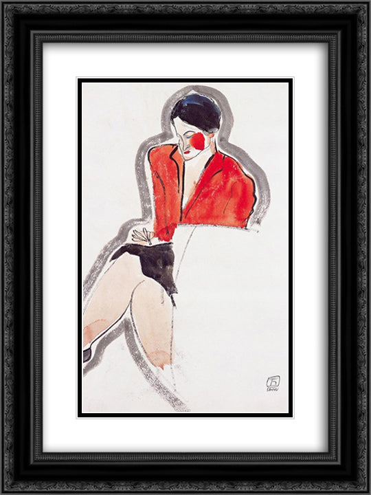 A Female Painter 18x24 Black Ornate Wood Framed Art Print Poster with Double Matting by Sanyu