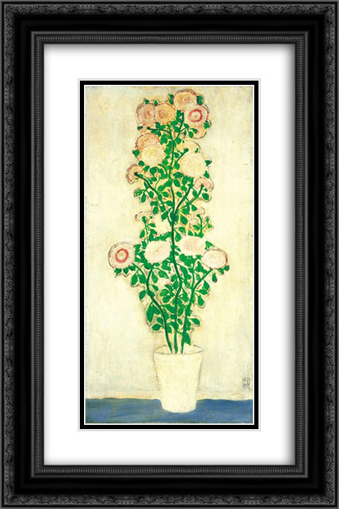 Chrysanthemums with Green Leaves 16x24 Black Ornate Wood Framed Art Print Poster with Double Matting by Sanyu