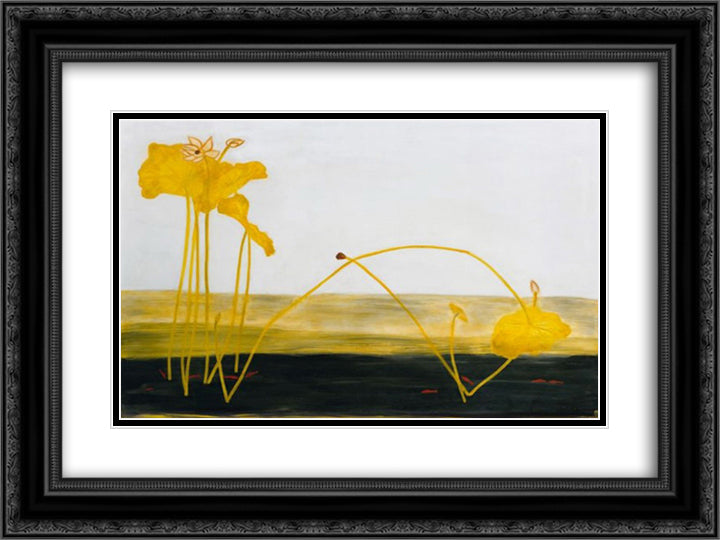 Lotus and Red Fish 24x18 Black Ornate Wood Framed Art Print Poster with Double Matting by Sanyu