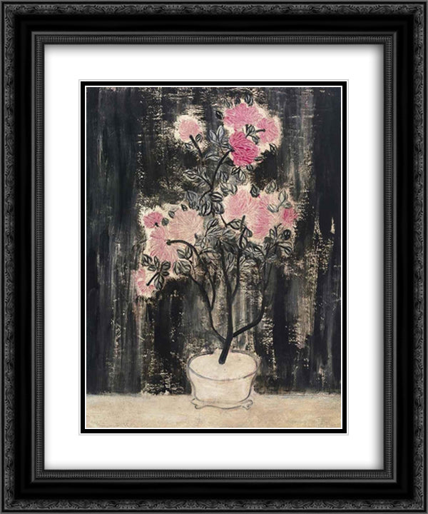 Pot de chrysanthemes roses 20x24 Black Ornate Wood Framed Art Print Poster with Double Matting by Sanyu