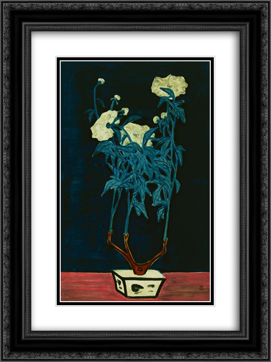 Potted Flowers in a Blue and White Jardiniere 18x24 Black Ornate Wood Framed Art Print Poster with Double Matting by Sanyu