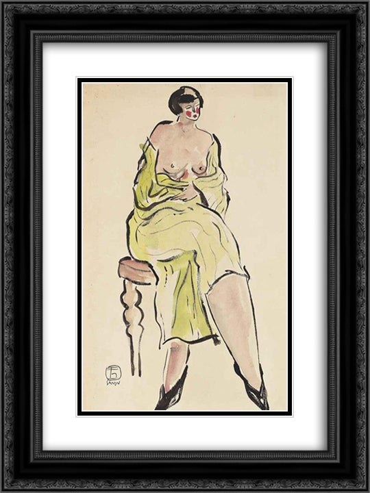 Seated Lady in Green 18x24 Black Ornate Wood Framed Art Print Poster with Double Matting by Sanyu