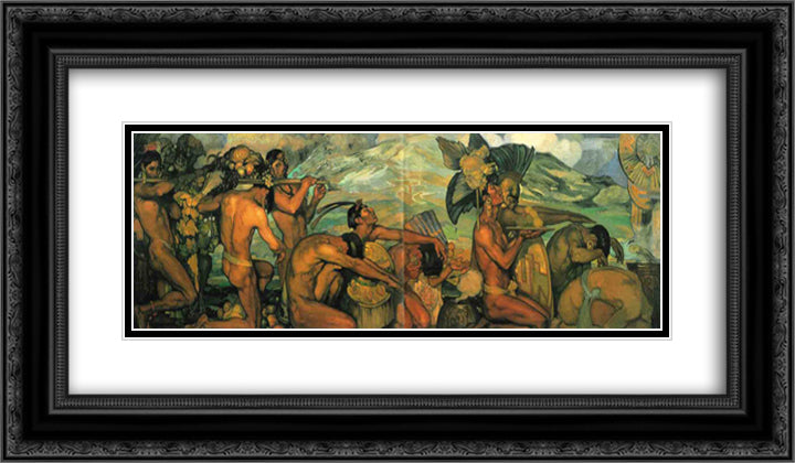 Nuestros dioses 24x14 Black Ornate Wood Framed Art Print Poster with Double Matting by Herran, Saturnino