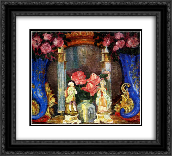 Still life with porcelain figurines and roses 22x20 Black Ornate Wood Framed Art Print Poster with Double Matting by Sudeikin, Serge