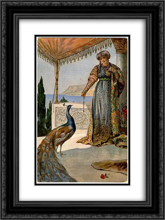Lady with Peacock 18x24 Black Ornate Wood Framed Art Print Poster with Double Matting by Solomko, Sergey