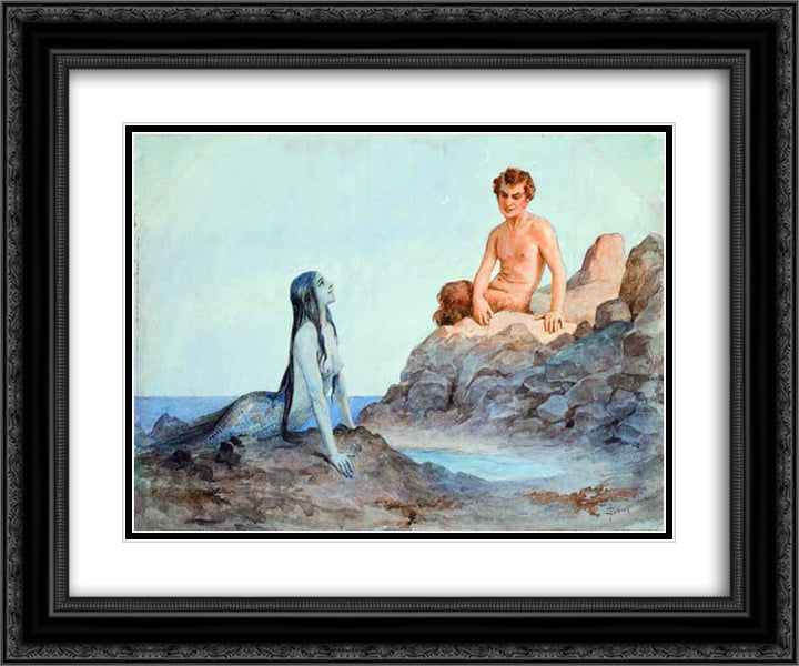 Mermaid and faun 24x20 Black Ornate Wood Framed Art Print Poster with Double Matting by Solomko, Sergey