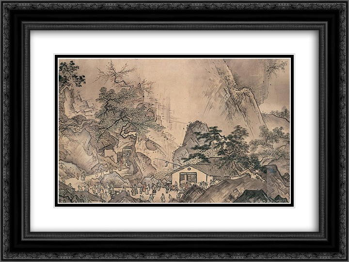 Landscape of Four Seasons (Spring) 24x18 Black Ornate Wood Framed Art Print Poster with Double Matting by Toyo, Sesshu