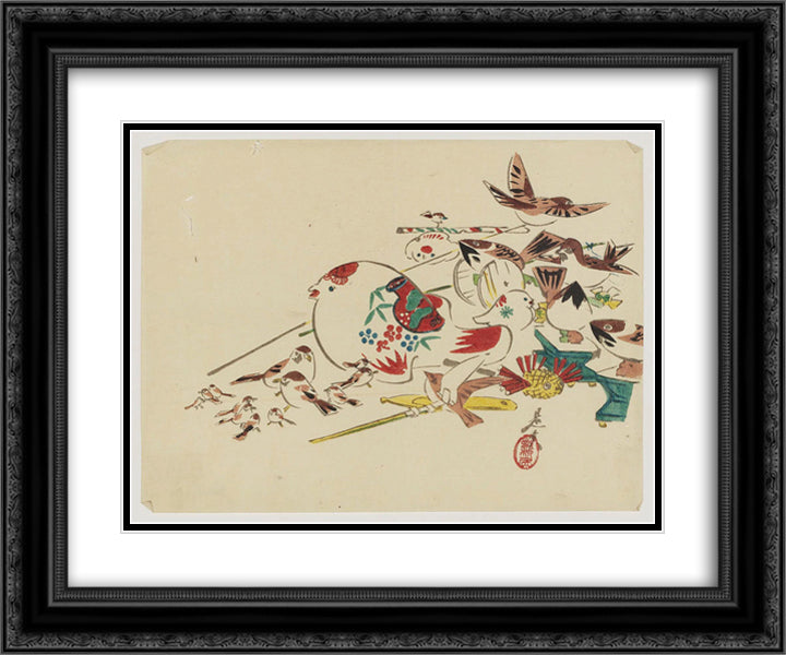 Bird Toys 24x20 Black Ornate Wood Framed Art Print Poster with Double Matting by Zeshin, Shibata