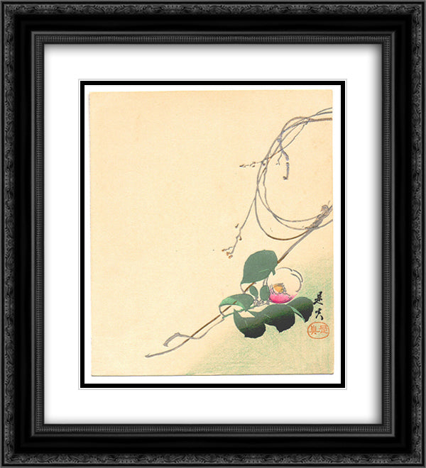 Camellia 20x22 Black Ornate Wood Framed Art Print Poster with Double Matting by Zeshin, Shibata