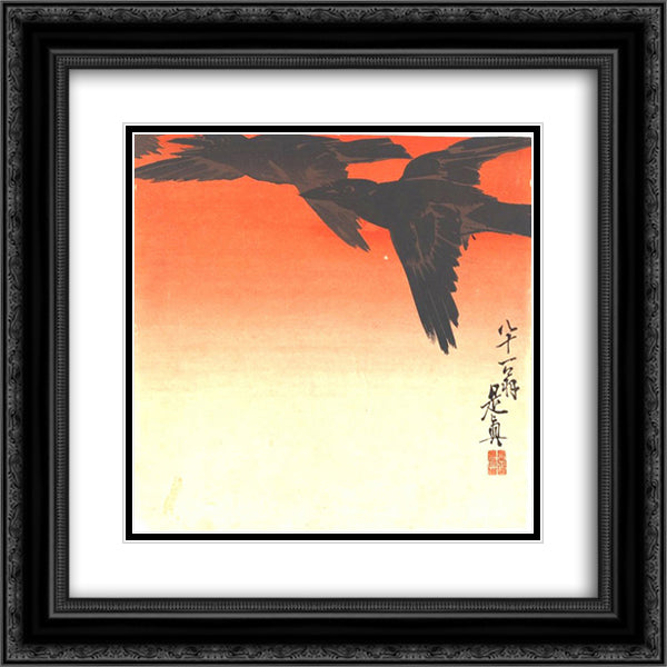 Crows Fly by Red Sky at Sunset 20x20 Black Ornate Wood Framed Art Print Poster with Double Matting by Zeshin, Shibata