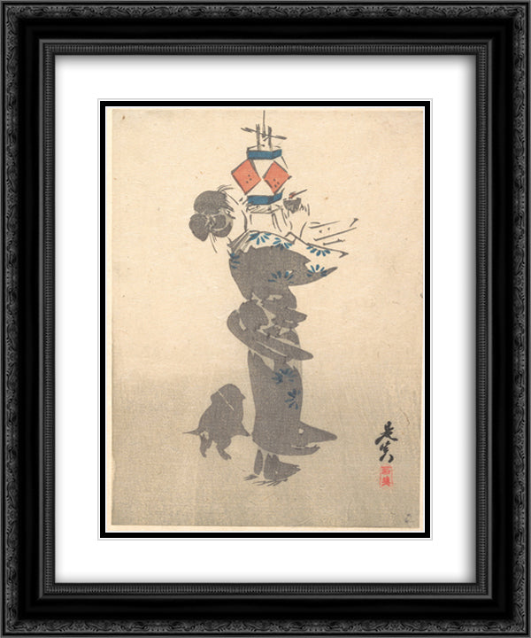 Lighting a Hanging Lantern for the Obon Festival 20x24 Black Ornate Wood Framed Art Print Poster with Double Matting by Zeshin, Shibata
