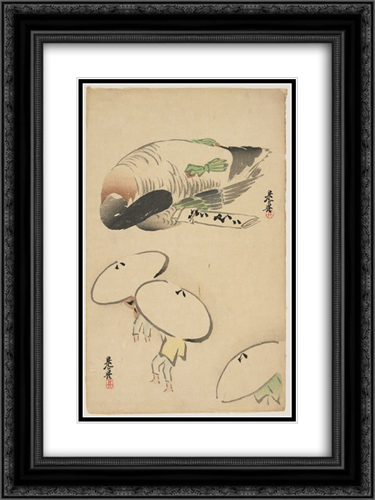 PheasantThree men with umbrellas 18x24 Black Ornate Wood Framed Art Print Poster with Double Matting by Zeshin, Shibata