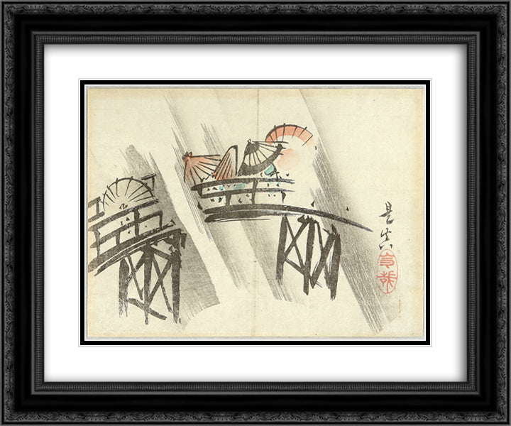 Sudden Shower 24x20 Black Ornate Wood Framed Art Print Poster with Double Matting by Zeshin, Shibata