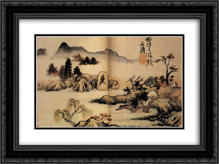 Bath horses 24x18 Black Ornate Wood Framed Art Print Poster with Double Matting by Shitao