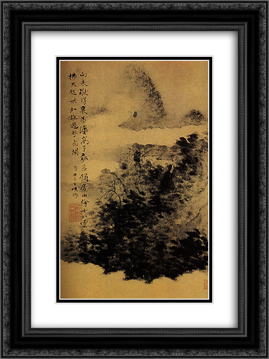 Between mountain and river, not far from Mount Huang 18x24 Black Ornate Wood Framed Art Print Poster with Double Matting by Shitao