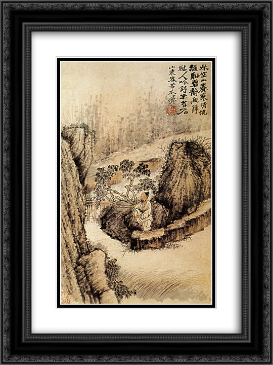 Crouched at the edge of the water 18x24 Black Ornate Wood Framed Art Print Poster with Double Matting by Shitao
