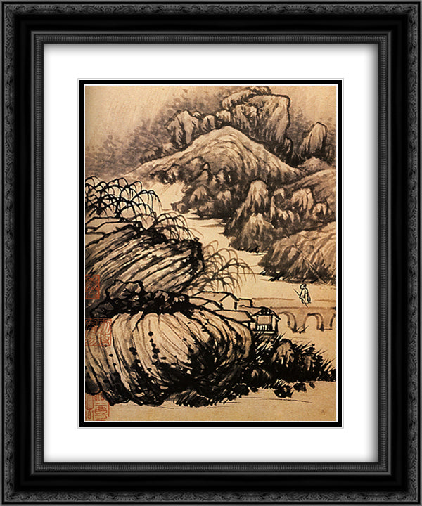 Hiking in the area of the Temple of the Dragon 20x24 Black Ornate Wood Framed Art Print Poster with Double Matting by Shitao