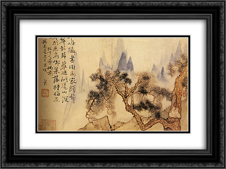 In meditation, at the foot of the mountains impossible 24x18 Black Ornate Wood Framed Art Print Poster with Double Matting by Shitao