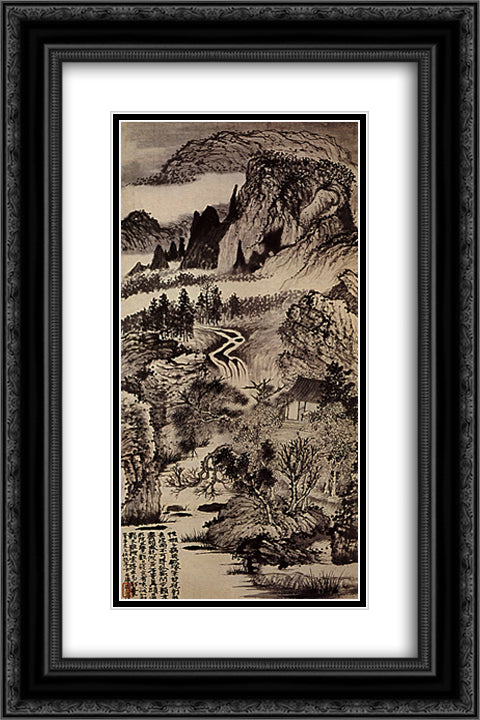 Jinting Mountains in Autumn 16x24 Black Ornate Wood Framed Art Print Poster with Double Matting by Shitao
