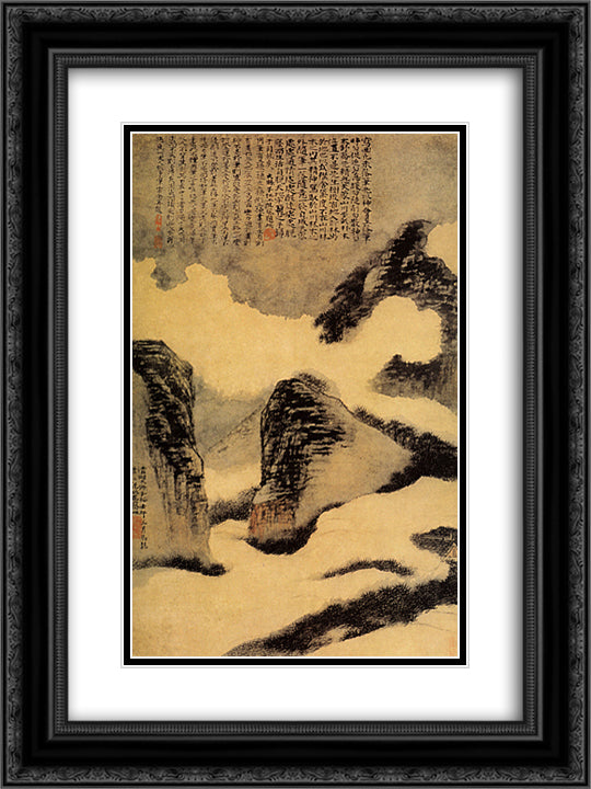 Mountains in the Mist 18x24 Black Ornate Wood Framed Art Print Poster with Double Matting by Shitao