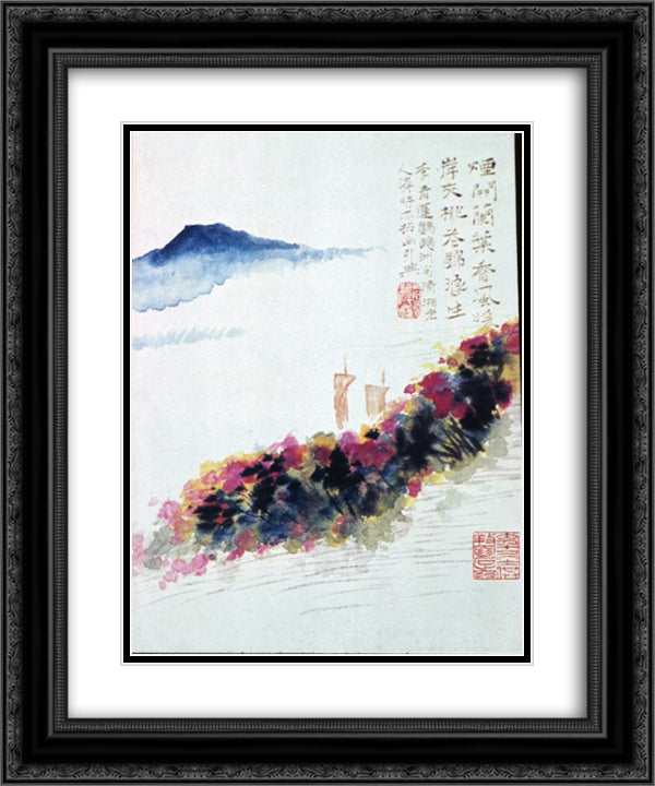 Riverbank of Peach Blossoms 20x24 Black Ornate Wood Framed Art Print Poster with Double Matting by Shitao