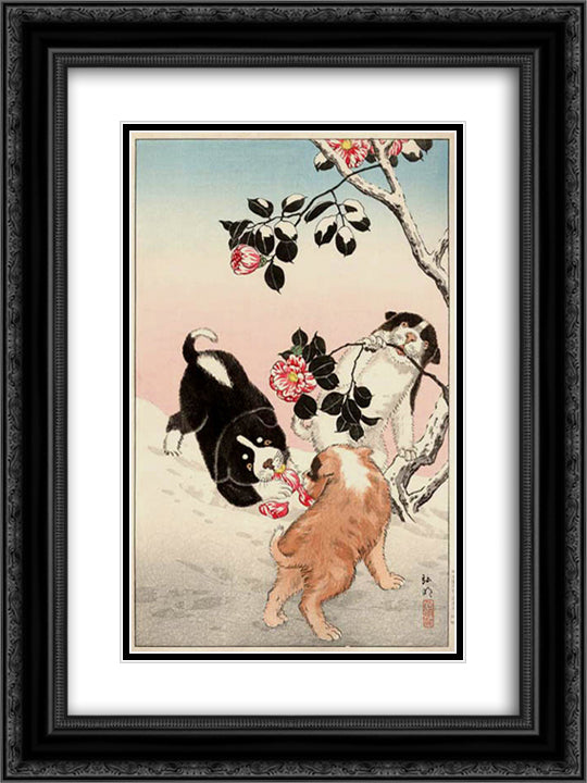 Camellia and Puppies in Snow 18x24 Black Ornate Wood Framed Art Print Poster with Double Matting by Takahashi, Shotei