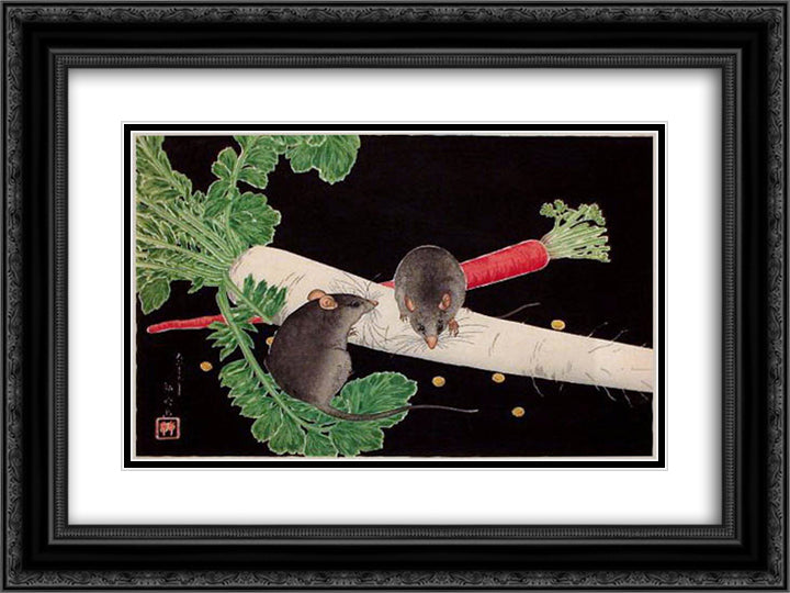 Japanese Radish, Rats, and Carrot 24x18 Black Ornate Wood Framed Art Print Poster with Double Matting by Takahashi, Shotei