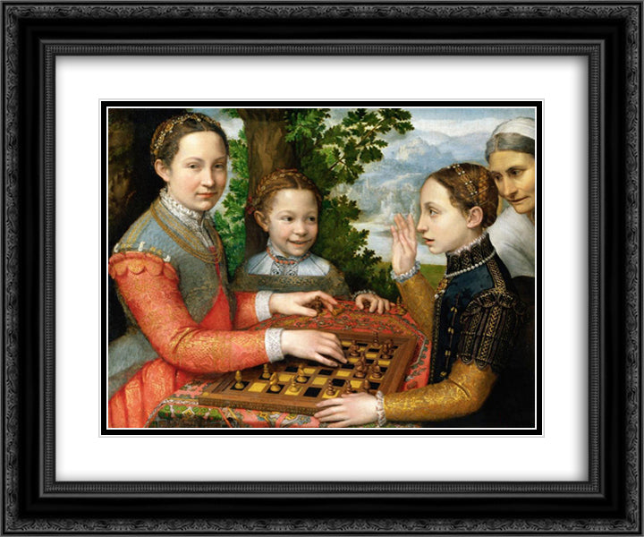 Lucia, Minerva and Europa Anguissola Playing Chess 24x20 Black Ornate Wood Framed Art Print Poster with Double Matting by Anguissola, Sofonisba