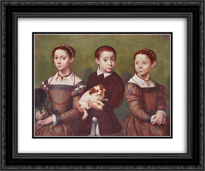 Three children with dog 24x20 Black Ornate Wood Framed Art Print Poster with Double Matting by Anguissola, Sofonisba