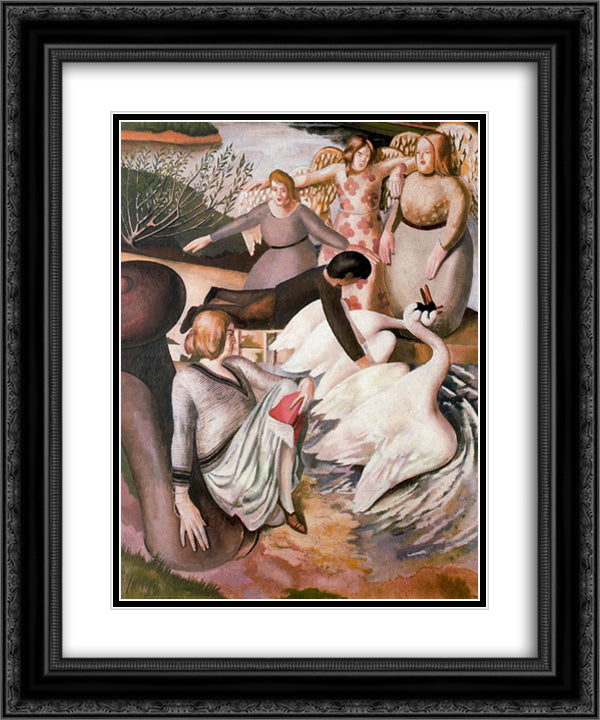 Separating Fighting Swans 20x24 Black Ornate Wood Framed Art Print Poster with Double Matting by Spencer, Stanley
