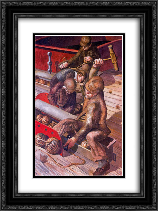 Workmen in the House 18x24 Black Ornate Wood Framed Art Print Poster with Double Matting by Spencer, Stanley