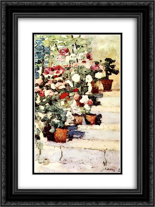 Flowers on stairs 18x24 Black Ornate Wood Framed Art Print Poster with Double Matting by Luchian, Stefan