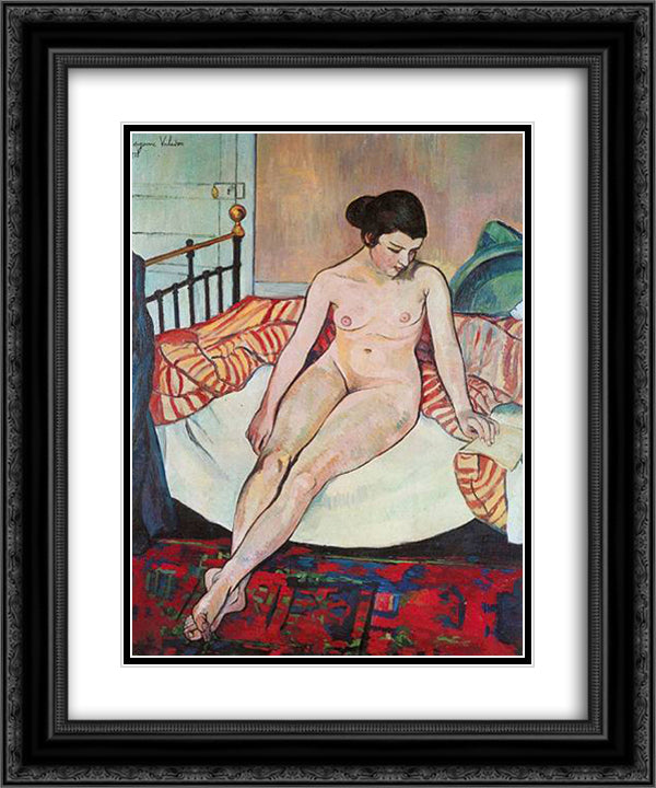 Nude with a Striped Blanket 20x24 Black Ornate Wood Framed Art Print Poster with Double Matting by Valadon, Suzanne