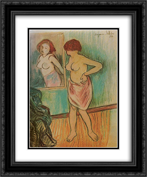 Woman Looking at Herself in the Mirror 20x24 Black Ornate Wood Framed Art Print Poster with Double Matting by Valadon, Suzanne