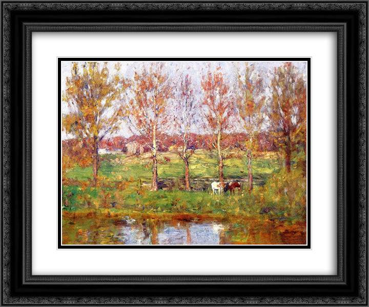 Cows by the Stream 24x20 Black Ornate Wood Framed Art Print Poster with Double Matting by Steele, T. C.