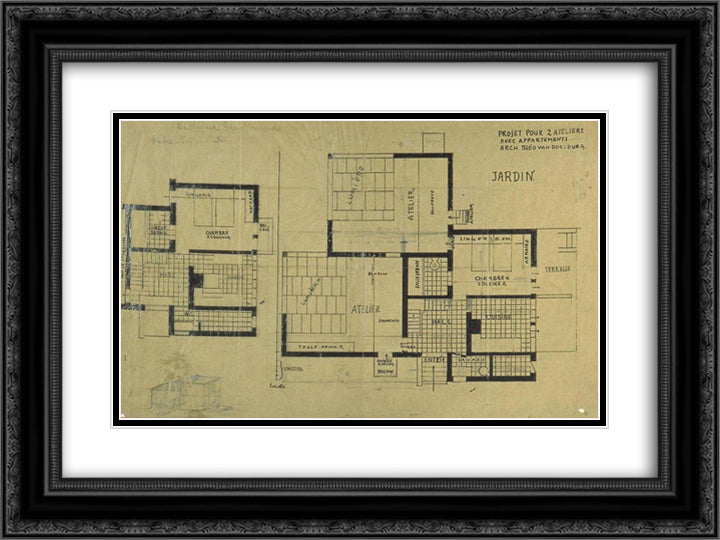 Double studio apartment design, plans and axonometry 24x18 Black Ornate Wood Framed Art Print Poster with Double Matting by Doesburg, Theo van