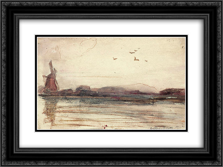 River Landscape with mill 24x18 Black Ornate Wood Framed Art Print Poster with Double Matting by Doesburg, Theo van