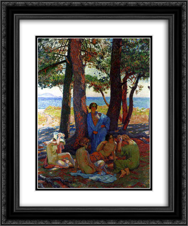 Bathers under the Pines by the Sea 20x24 Black Ornate Wood Framed Art Print Poster with Double Matting by Rysselberghe, Theo van