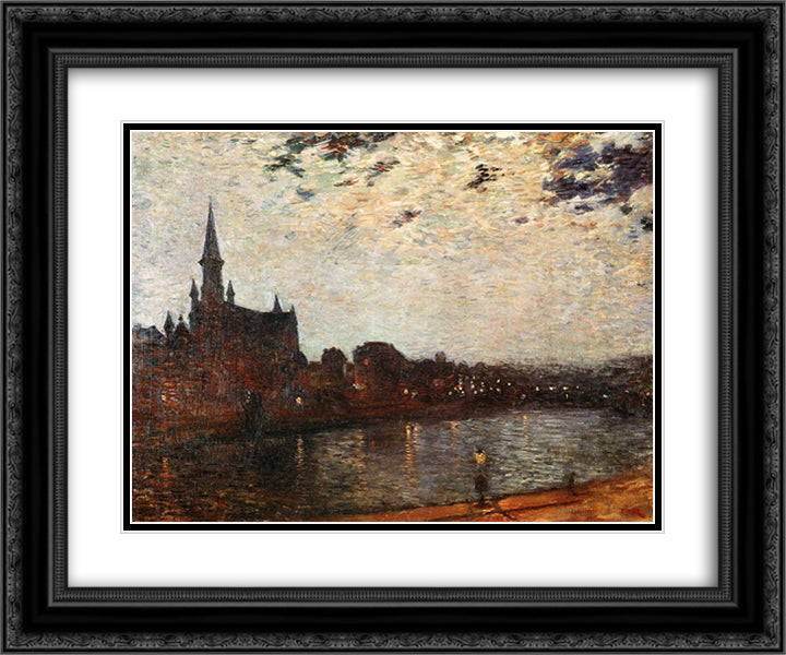 Holy Cross Church at Ixelles at Night 24x20 Black Ornate Wood Framed Art Print Poster with Double Matting by Rysselberghe, Theo van