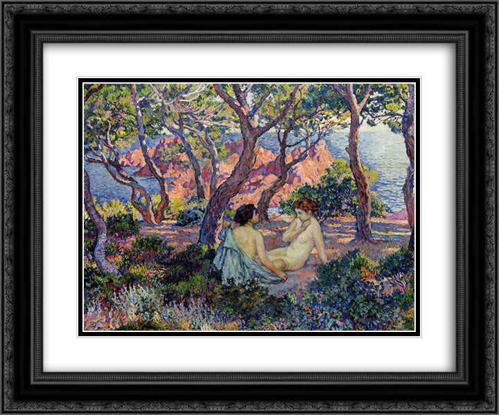 In the Shade of the Pines 24x20 Black Ornate Wood Framed Art Print Poster with Double Matting by Rysselberghe, Theo van