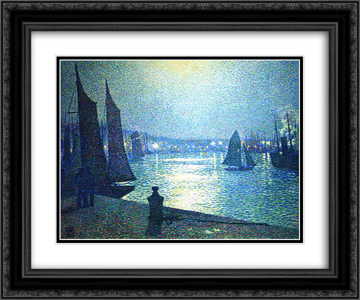 Moonlight Night in Boulogne 24x20 Black Ornate Wood Framed Art Print Poster with Double Matting by Rysselberghe, Theo van