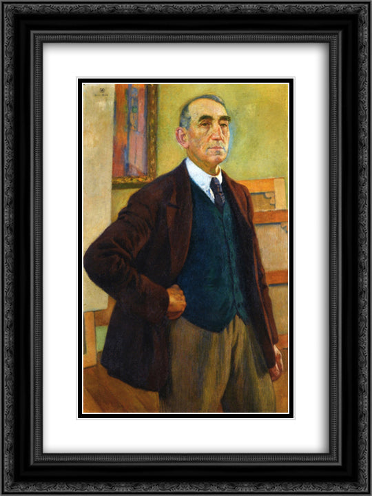 Self Portrait in a Green Waistcoat 18x24 Black Ornate Wood Framed Art Print Poster with Double Matting by Rysselberghe, Theo van