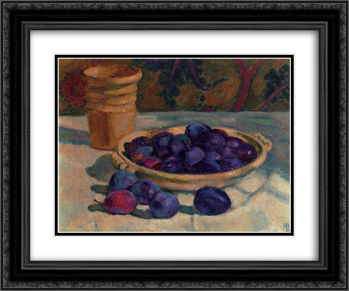 Still Life with Plums 24x20 Black Ornate Wood Framed Art Print Poster with Double Matting by Rysselberghe, Theo van