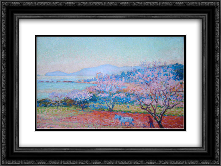 The Almond Flowers 24x18 Black Ornate Wood Framed Art Print Poster with Double Matting by Rysselberghe, Theo van