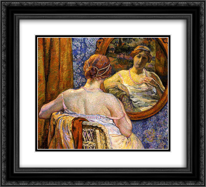 Woman at a Mirror 22x20 Black Ornate Wood Framed Art Print Poster with Double Matting by Rysselberghe, Theo van