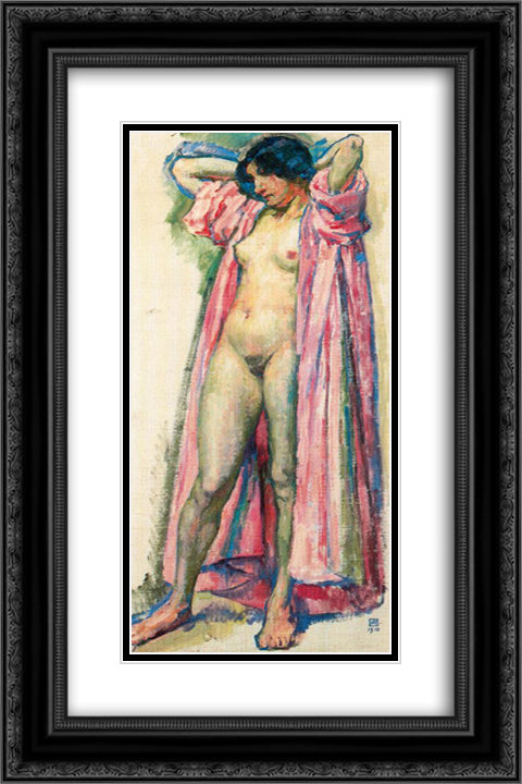Woman in Red Peignoir 16x24 Black Ornate Wood Framed Art Print Poster with Double Matting by Rysselberghe, Theo van