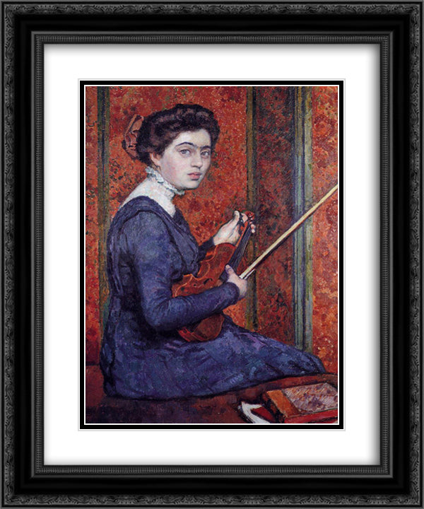 Woman with Violin (Portrait of Rene Druet) 20x24 Black Ornate Wood Framed Art Print Poster with Double Matting by Rysselberghe, Theo van