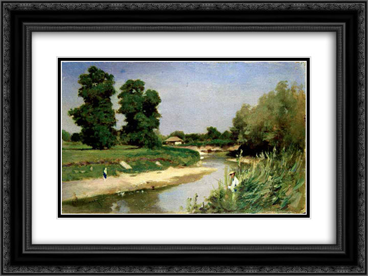Landscape With River and Trees 24x18 Black Ornate Wood Framed Art Print Poster with Double Matting by Aman, Theodor