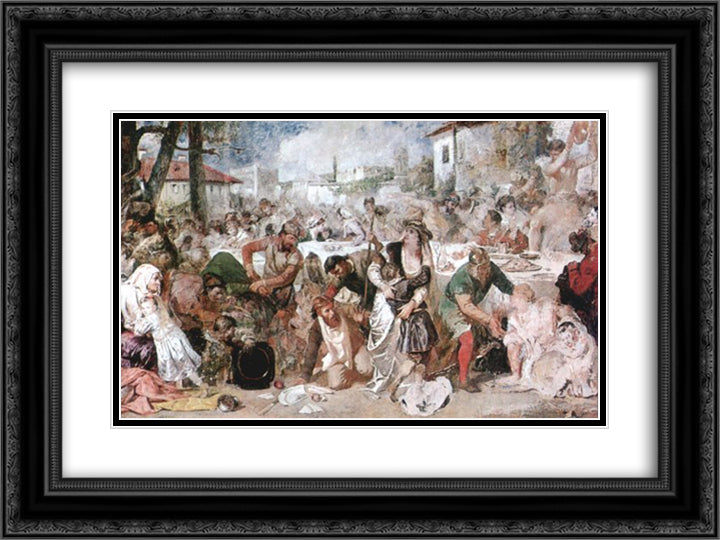The Feasting Boyars Taken by Surprise by Vlad the Impaler's Envoys 24x18 Black Ornate Wood Framed Art Print Poster with Double Matting by Aman, Theodor